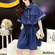 【MsMore】 大碼韓國牛仔短袖慵懶洋氣減齡翻領寬鬆連身裙短版洋裝# 121225 L 藍色