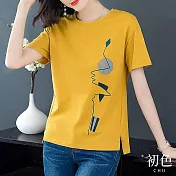 【初色】圓領幾何抽象印花中大碼短袖T恤上衣女上衣-共5色-32577(M-2XL可選) XL 黃色