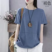 【初色】韓版寬鬆休閒百搭純色圓領短袖T恤上衣-共4色-69370(M-2XL可選) 2XL 藍色