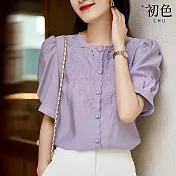 【初色】小香風柔軟素色涼爽花邊刺繡圓領短袖襯衫上衣女上衣-共2色-33016(M-2XL可選) L 紫色