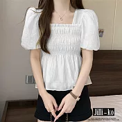 【Jilli~ko】雪紡時尚褶皺方領縮腰娃娃衫 J11733 FREE 白色