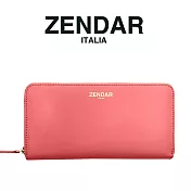 【ZENDAR】臺灣總代理 限量1折 頂級小牛皮素面LOGO拉鍊皮夾 莉亞系列 全新專櫃展示品 玫瑰粉色