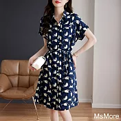 【MsMore】 時髦個性貓咪印花短袖連身裙中長版洋裝# 121304 L 藍色