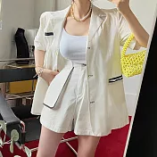 【MsMore】 韓國時尚西裝短褲亞麻感休閒薄款顯瘦短袖外套兩件式套裝# 121342 FREE 白色