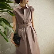 【MsMore】 低調質感文藝風定織匹馬棉POLO領短袖連身裙中長版洋裝# 121393 L 粉紅色