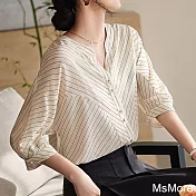 【MsMore】 條紋小V領襯衫優雅氣質襯衣通勤簡約五分袖短版上衣# 121529 XL 米色