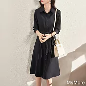 【MsMore】 黑色純色系帶連身裙中長款寬鬆顯瘦襯衫款簡約長袖洋裝# 120674 L 黑色