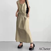 【ACheter】 方領無袖大口袋工裝風寬鬆背心連身裙長洋裝# 121339 FREE 卡其色