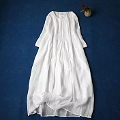 【ACheter】 洋裝文藝森系苧麻感風琴褶長短袖顯瘦洋裝# 121350 XL 白色