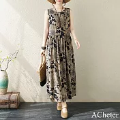 【ACheter】 可哥波西米亞長裙無袖圓領印花連身裙洋裝# 121357 XL 可可色