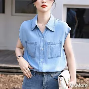 【MsMore】 薄款天絲牛仔短袖襯衫涼感透氣復古顯瘦短版上衣# 120890 M 藍色