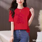 【MsMore】 國風重工刺繡龍年短袖圓領T恤短版上衣# 121538 4XL 紅色
