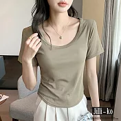 【Jilli~ko】中大尺碼春夏短袖薄款U領彈性百搭簡約短版T恤 M-XXL J11785  2XL 綠色