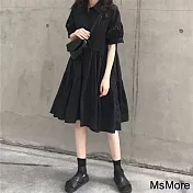 【MsMore】 復古小黑裙大碼短袖遮肚顯瘦連身裙短版洋裝# 121228 L 黑色