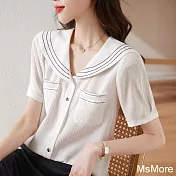 【MsMore】 海軍領短袖襯衫法式寬鬆休閒短版# 121308 L 白色