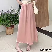 【MsMore】 抽繩復古冰絲緞麵醋酸高腰半身裙長款垂感遮胯傘裙# 121328 M 粉紅色