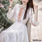 【MsMore】 白色仙女天絲感波西米亞風V領七分袖連身裙長版洋裝# 121578 M 白色