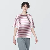 【MUJI 無印良品】女有機棉橫紋船領短袖T恤 L 粉紅橫紋