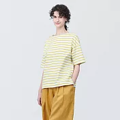 【MUJI 無印良品】女有機棉橫紋船領短袖T恤 L 煙燻黃橫紋