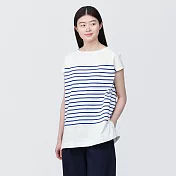 【MUJI 無印良品】女有機棉法式袖長版衫 L 藍橫紋