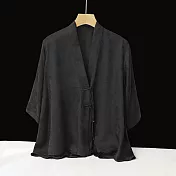 【ACheter】 國風緹花復古開衫新中式寬鬆中袖短版外套# 121391 M 黑色