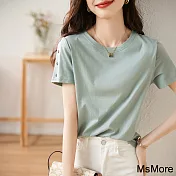 【MsMore】 豆綠簡約時尚百搭短袖紐扣設計棉舒適T恤短版上衣# 121441 M 綠色