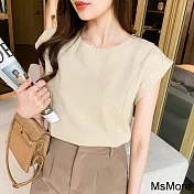 【MsMore】 韓國麻棉感圓領無袖顯瘦修身通勤短版上衣# 121480 2XL 卡其色