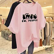 【初色】中大碼短袖貓貓英文字母印花T恤上衣女上衣-共5色-33122(M-4XL可選) XL 粉紅色