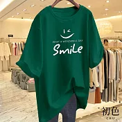 【初色】微笑字母印花短袖落肩圓領T恤上衣-共9色-33131(M-2XL可選) M 墨綠色