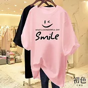 【初色】微笑字母印花短袖落肩圓領T恤上衣-共9色-33131(M-2XL可選) XL 粉紅色