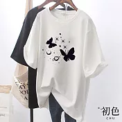 【初色】蝴蝶印花中長款短袖T恤上衣-共2色-33118(M-2XL可選) XL 白色