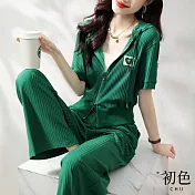 【初色】拉鍊連帽短袖T恤上衣+休閒闊腿長褲套裝-綠色-67584(M-2XL可選) XL 綠色