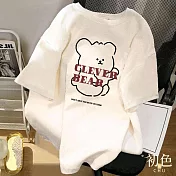 【初色】寬鬆圓領可愛熊熊字母印花短袖T恤上衣-共2色-33582(M-2XL可選) L 白色