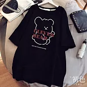 【初色】寬鬆圓領可愛熊熊字母印花短袖T恤上衣-共2色-33582(M-2XL可選) L 黑色