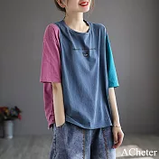 【ACheter】 棉短袖t恤寬鬆圓領文藝風大碼拼色短版上衣# 121158 3XL 牛仔藍色