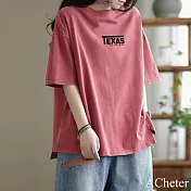 【ACheter】 棉短袖t恤圓領大碼時尚短版上衣# 121159 L 玫紅色