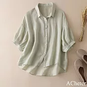 【ACheter】 寬鬆顯瘦燈籠袖上衣時尚洋氣襯衫五分袖棉麻感短版# 121161 3XL 綠色