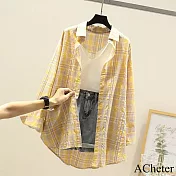 【ACheter】 棉薄款防曬格子襯衫寬鬆長袖學生外罩中長上衣# 121167 3XL 黃色