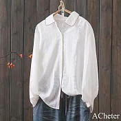 【ACheter】 描邊線條感繡花襯衫新款韓版設計感溫柔別致長袖中長上衣# 121236 M 白色