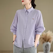 【ACheter】 條紋襯衫翻領休閒百搭寬鬆顯瘦長袖氣質短版上衣# 121417 M 紫色