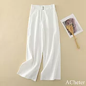 【ACheter】 文藝棉麻感寬鬆闊腿高腰垂感直筒長褲# 121426 M 白色