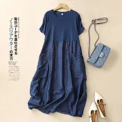【ACheter】 文藝拼接圓領短袖連身裙冰絲緹花氣質長版洋裝# 121452 M 藏青色