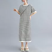 【ACheter】 針織條紋圓領短袖連身裙長版寬鬆洋裝# 121470 FREE 白色