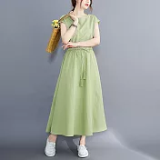 【ACheter】 文藝大擺裙可收腰寬鬆大碼棉麻感圓領蓋短袖連身裙純色洋裝# 121471 M 綠色