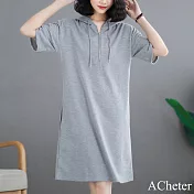 【ACheter】 韓版大碼連帽抽繩短袖拉鍊V領連身裙中長洋裝# 121475 XL 灰色