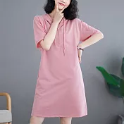 【ACheter】 韓版大碼連帽抽繩短袖拉鍊V領連身裙中長洋裝# 121475 XL 粉紅色