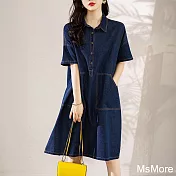 【MsMore】 韓版牛仔短袖休閒寬鬆連身裙中長洋裝# 121515 M 藍色