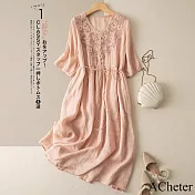 【ACheter】 七分袖刺繡連身裙V領文藝復古棉麻感長裙高腰垂感長洋裝# 121555 M 粉紅色