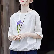 【ACheter】 五分短袖圓領棉麻感上衣氣質中國風茶服短版# 121560 L 白色
