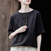 【ACheter】 五分短袖圓領棉麻感上衣氣質中國風茶服短版# 121560 L 黑色